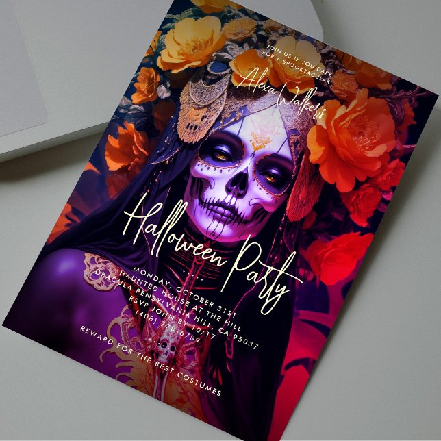 Modern vuxen Halloweenfest Svart Guld Orange Inbjudningar (Modern Adult Halloween Party Black Gold Orange Invitation
)
