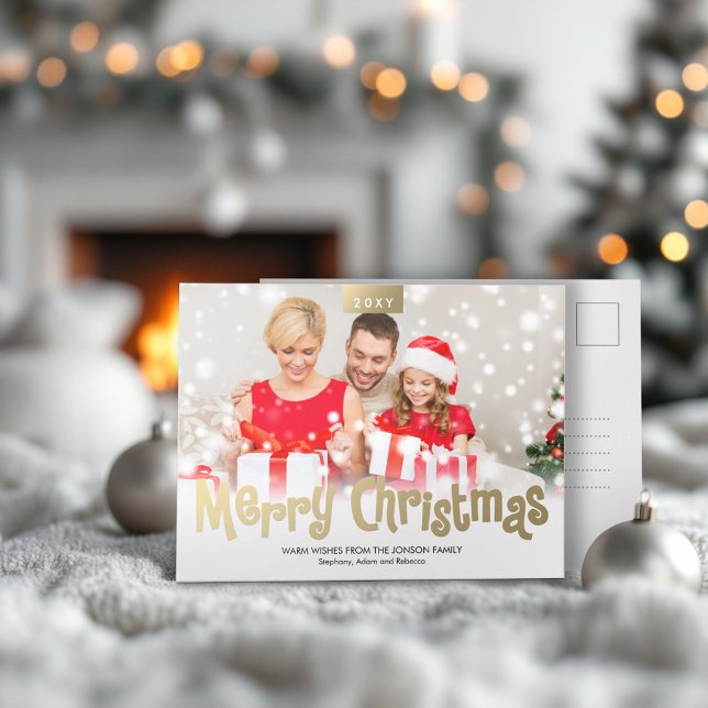 Modern vykort för guld- foto för god jul (Skapare uppladdad)