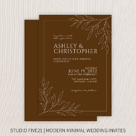 Modern Walnut Brown Foliage Outline Bröllop Inbjudningar