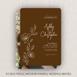 Modern Walnut Brown Foliage Outline Photo Bröllop Inbjudningar