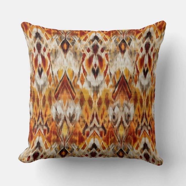 Modern Warm Neutralts Brown Orange Ikat Tribal Kudde (Framsida)