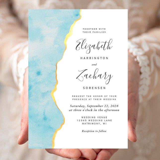 Modern Watercolor Aqua Blue Agate Wedding Inbjudningar (Skapare uppladdad)