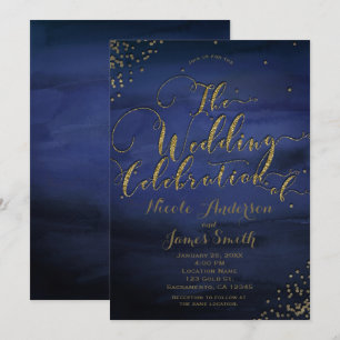 Modern Watercolor Blå & Guld Bröllopsfirande Inbjudningar