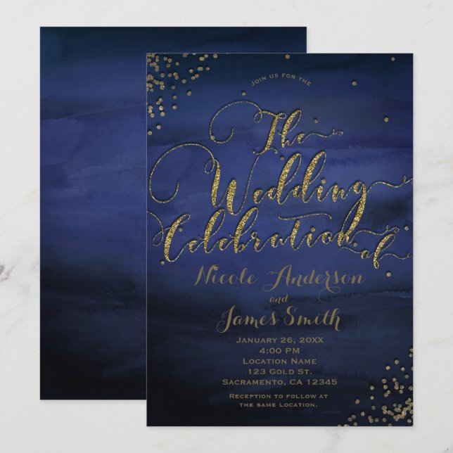 Modern Watercolor Blå & Guld Bröllopsfirande Inbjudningar (Fram/baksida)
