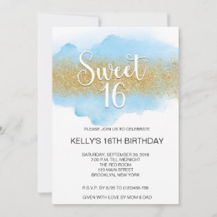 Modern Watercolor Blå Sweet 16 Sexton Inbjudningar
