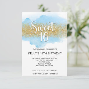 Modern Watercolor Blå Sweet 16 Sexton Inbjudningar