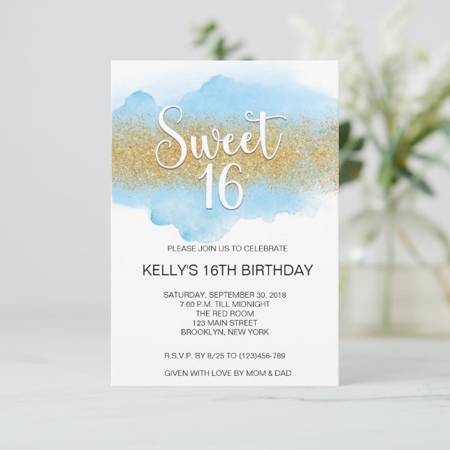 Modern Watercolor Blå Sweet 16 Sexton Inbjudningar (Stående Fram)
