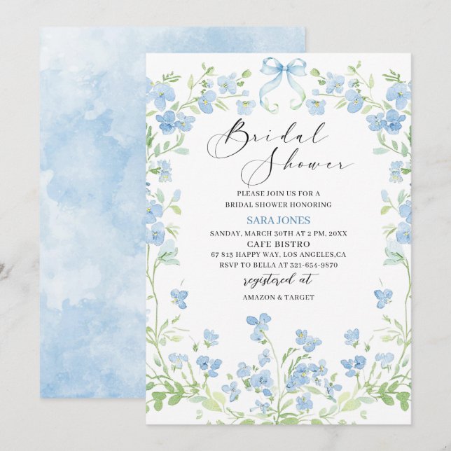 Modern Watercolor Blåa blommor Möhippa Inbjudningar (Fram/baksida)