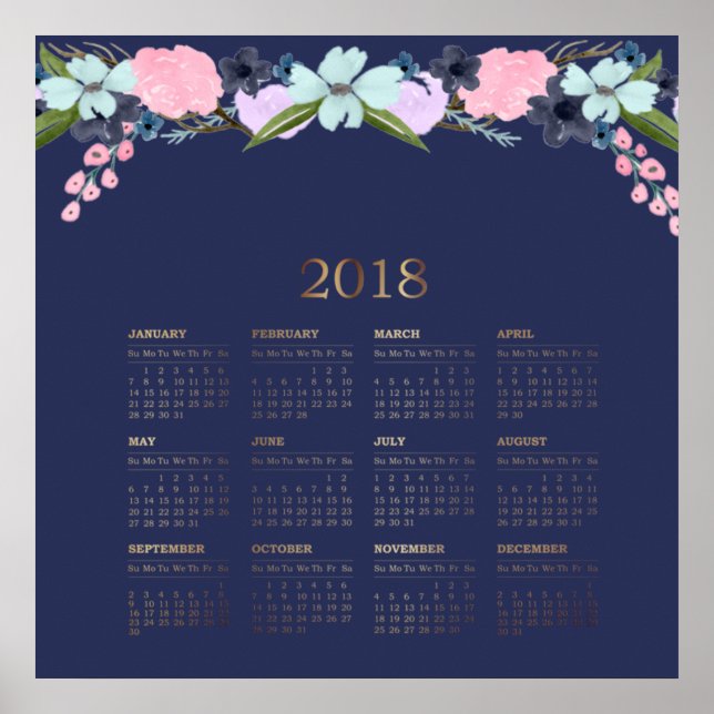 Modern Watercolor Blommig 2018 Kalender Poster (Framsidan)