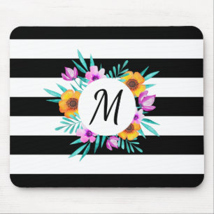 Modern Watercolor Blommigt Black Rand Monogram Musmatta