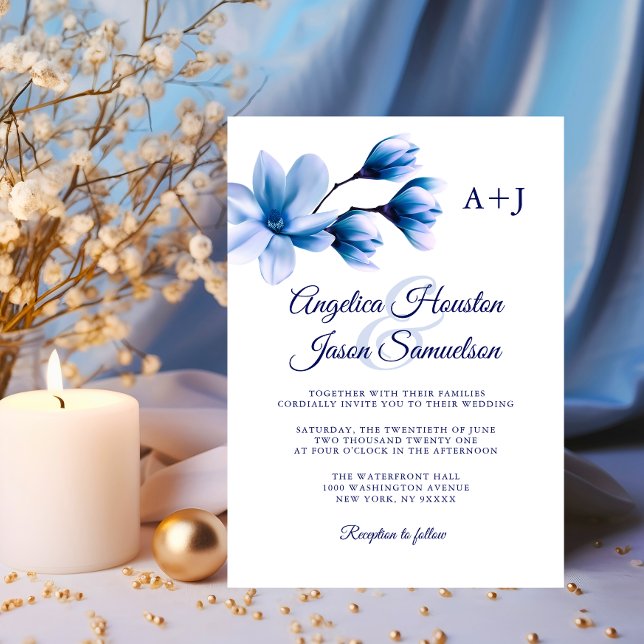 Modern Watercolor Blommigt Blue Navy White Bröllop Inbjudningar (Modern Watercolor Floral Blue Navy White Wedding Invitation)