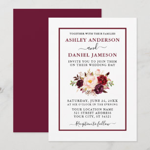 Modern Watercolor Blommigt Bröllop Burgundy Inbjudningar