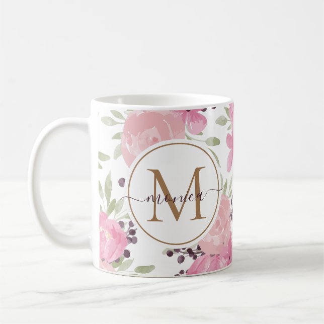 Modern Watercolor Blommigt Guld Monogram Namn Kaffemugg (Vänster)