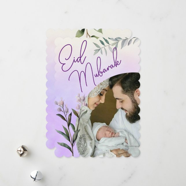 Modern Watercolor Blommigt Islamic Eid Mubarak Pho Julkort (Fram/Back In Situ)