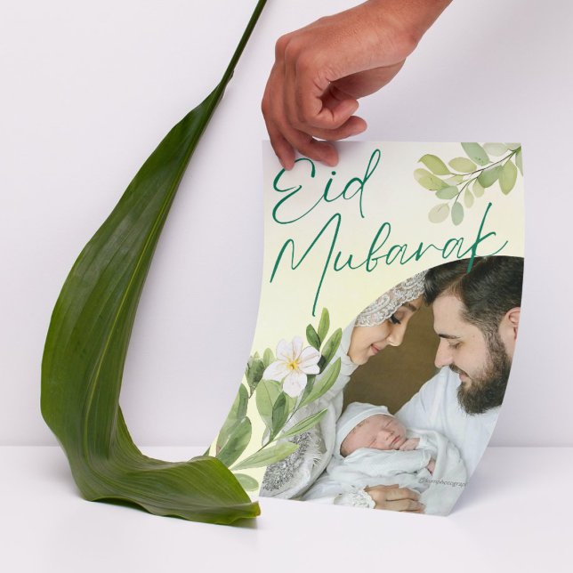Modern Watercolor Blommigt Islamic Eid Mubarak Pho Julkort (Modern Watercolor Floral Islamic Eid Mubarak Photo Holiday Card)