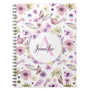 Modern Watercolor Blommigt Monogram Girly White Anteckningsbok