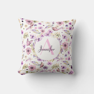 modern Watercolor Blommigt Monogrammed Girly White Kudde