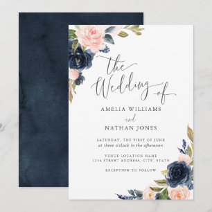 Modern Watercolor Blommigt Navy  Bröllop Inbjudningar