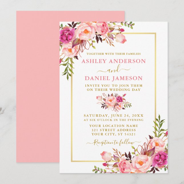 Modern Watercolor Blommigt Rosa  Guld Bröllop Inbjudningar (Fram/baksida)