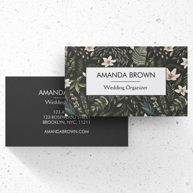 Modern Watercolor Blommönster Bröllop Visitkort (Front and Back Side)