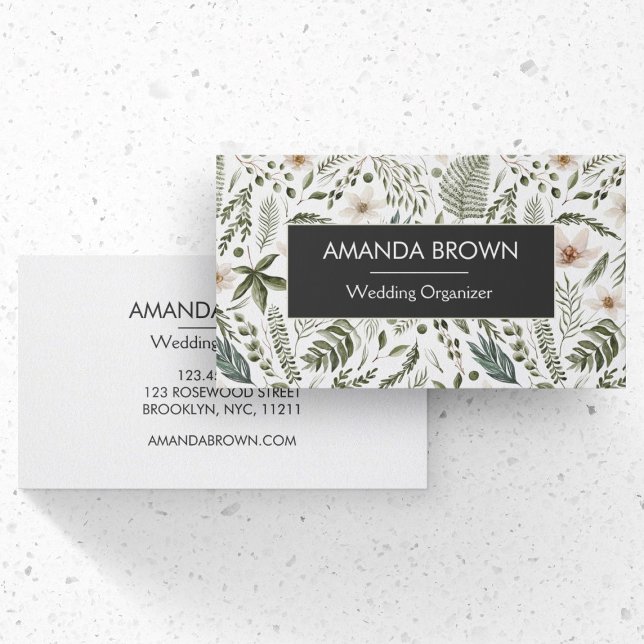 Modern Watercolor Blommönster Bröllop Visitkort (Front and Back Side)