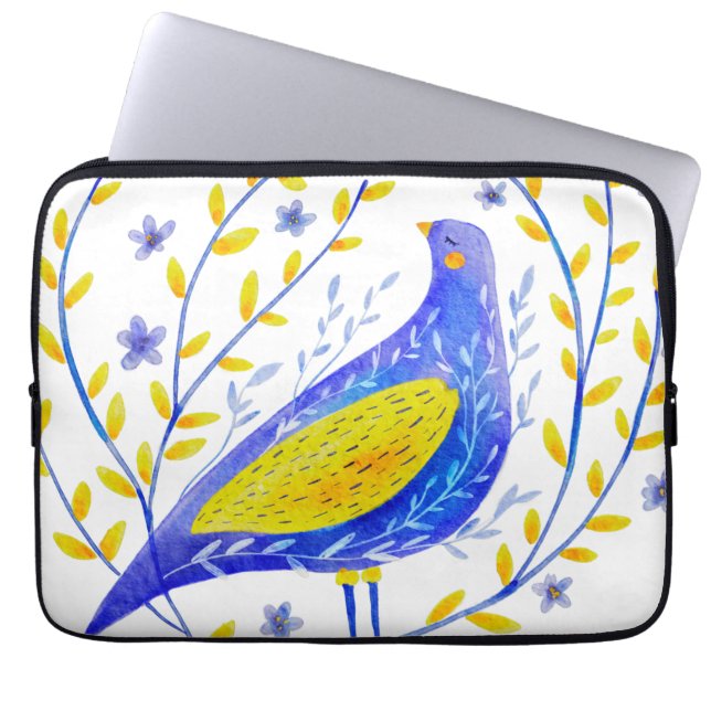 Modern Watercolor Blue and Yellow Bird Art Laptop Fodral (Framsidan)