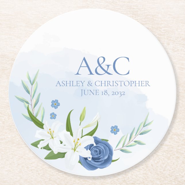 Modern Watercolor Blue Blommigt Bröllop Underlägg Papper Rund (Framsidan)