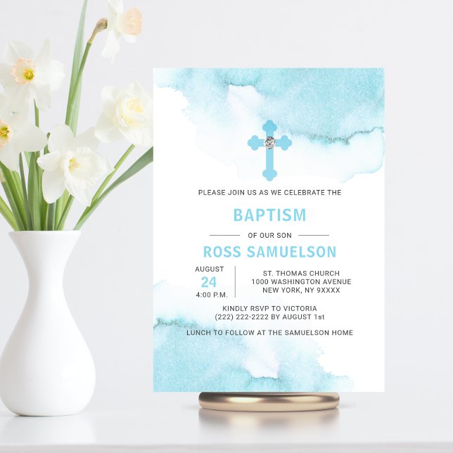 Modern Watercolor Blue BOY Baptism Christening Inbjudningar (Skapare uppladdad)
