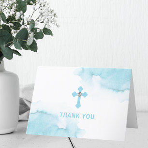 Modern Watercolor Blue BOY Communion Baptism Tack Kort