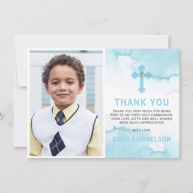 Modern Watercolor Blue BOY Heliga Communion Tack Kort (Framsida)