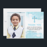 Modern Watercolor Blue BOY Heliga Communion Tack Kort<br><div class="desc">Skicka de här moderna men elegant-inbjudningarna från första Heligan till kommunförbundet tack till dina gäster.  Ljust pastellblå vattenfärg på vit bakgrund.  Redigerbara kort - anpassa dem genom att lägga till text. Perfekt för alla party-teman.</div>