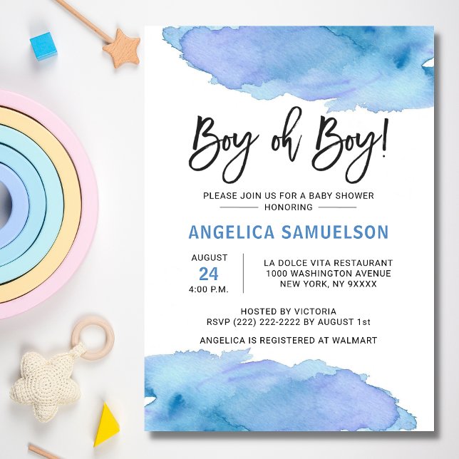 Modern Watercolor Blue BOY Oh BOY Baby Shower Inbjudningar (Skapare uppladdad)