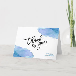 Modern Watercolor Blue BOY Oh BOY Baby Shower Tack Kort