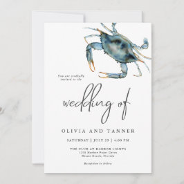 Modern Watercolor Blue Crab Beach Wedand Inbjudningar