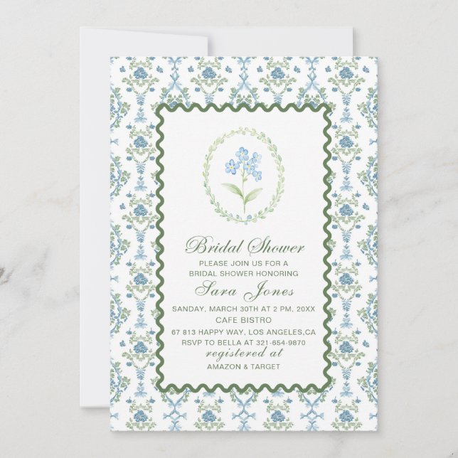 Modern Watercolor Blue flowers Bridal ShInvitation Inbjudningar (Framsida)