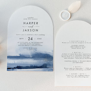 Modern Watercolor Blue Front and Back Arch Bröllop Inbjudningar