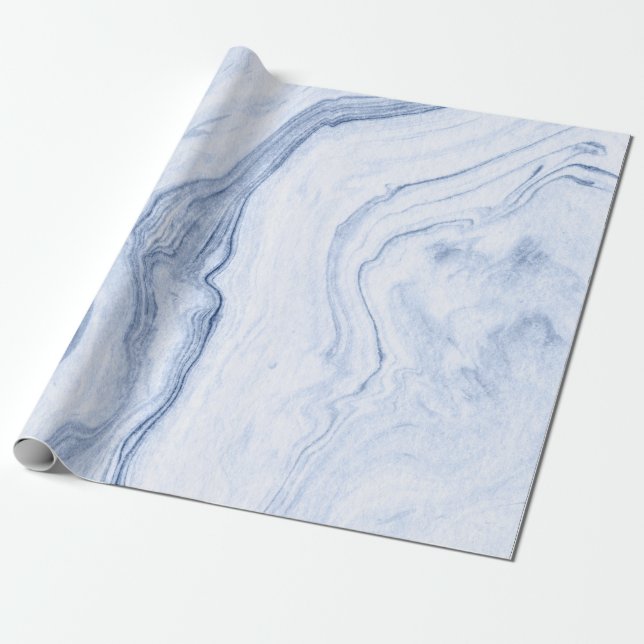 Modern Watercolor Blue-Grått Marble Swirls Presentpapper (Utrullad)