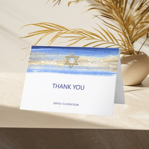 Modern Watercolor Blue Guld Pub Mitzvah Hebrew Tack Kort
