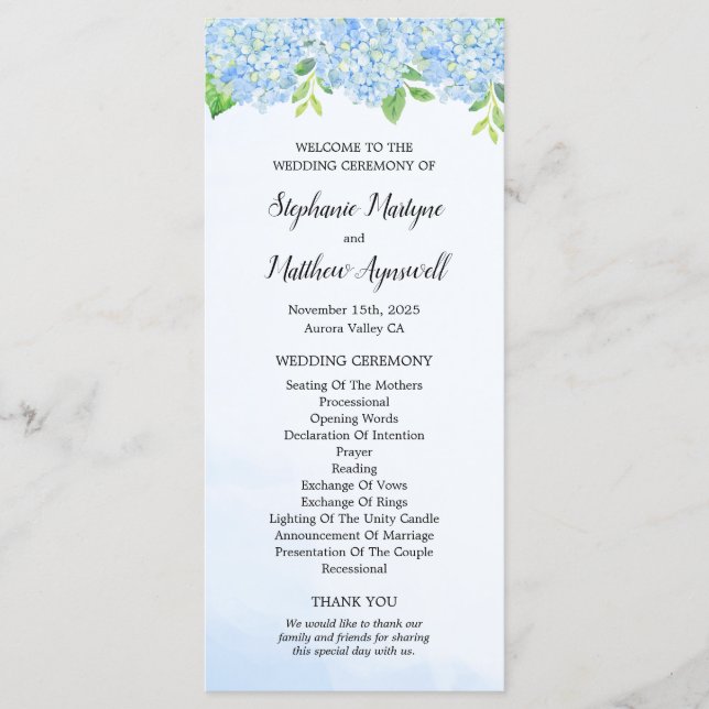 Modern Watercolor Blue Hydrangea Bröllop Ceremony Program (Framsida)