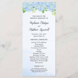 Modern Watercolor Blue Hydrangea Bröllop Ceremony Program