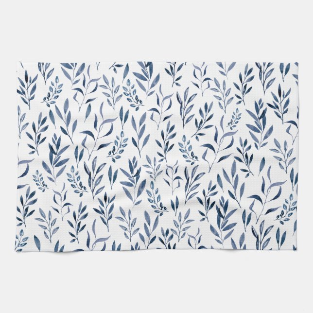 Modern Watercolor Blue Löv Mönster   Kökshandduk (Horisontell)