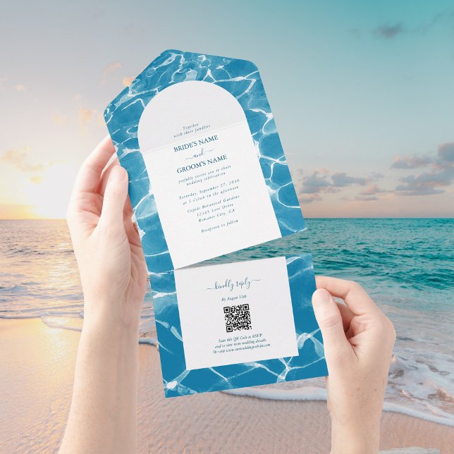 Modern Watercolor Blue Ocean Beach Wedand (Modern Watercolor Blue Ocean Beach Wedding All In One Invitation)