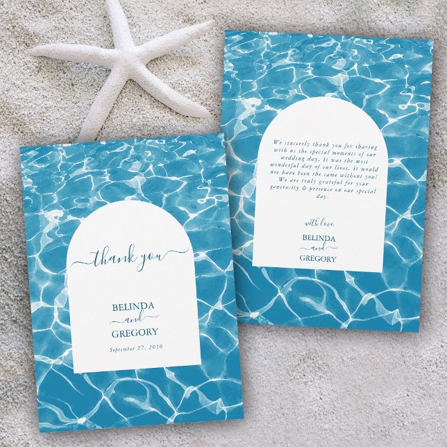 Modern Watercolor Blue Ocean Beach Wedand Tack Kort (Modern Watercolor Blue Ocean Beach Wedding Thank You Card)