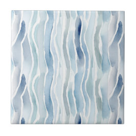 Modern Watercolor Blue och White Rand Mönster Kakelplatta