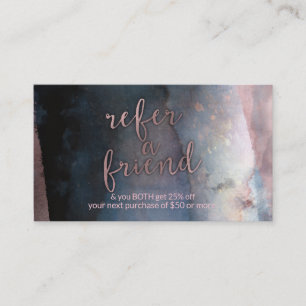 Modern Watercolor Blue & Rose Gold Referera en vän Rabattkort