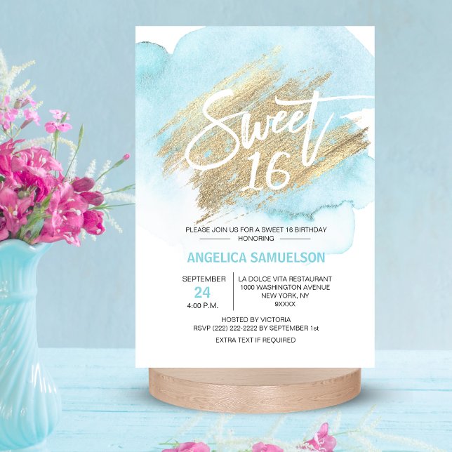 Modern Watercolor Blue Sweet 16 sexton 3,5x5" Inbjudningar (Modern Watercolor Blue Sweet 16 Sixteen 3.5x5" Invitation)