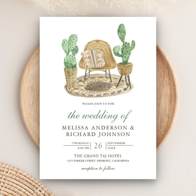 Modern Watercolor Boho Cactus Bröllop Inbjudningar (Skapare uppladdad)