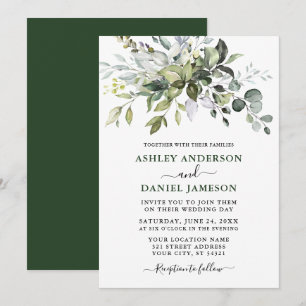 Modern Watercolor Botanical Grey Bröllop Grönt Inbjudningar