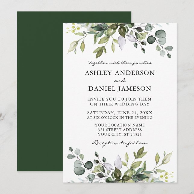 Modern Watercolor Botanical Grey Bröllop Inbjudningar (Fram/baksida)