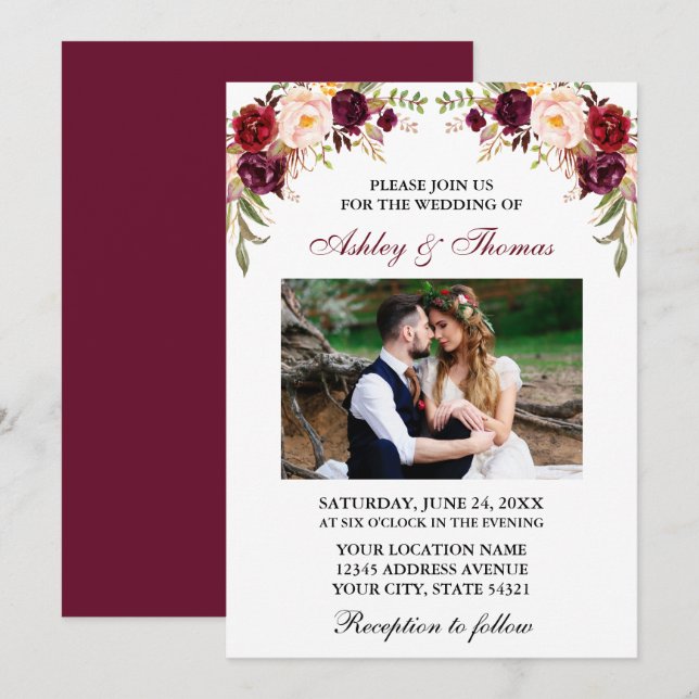 Modern Watercolor Burgundy Blommigt Photo Bröllop Inbjudningar (Fram/baksida)